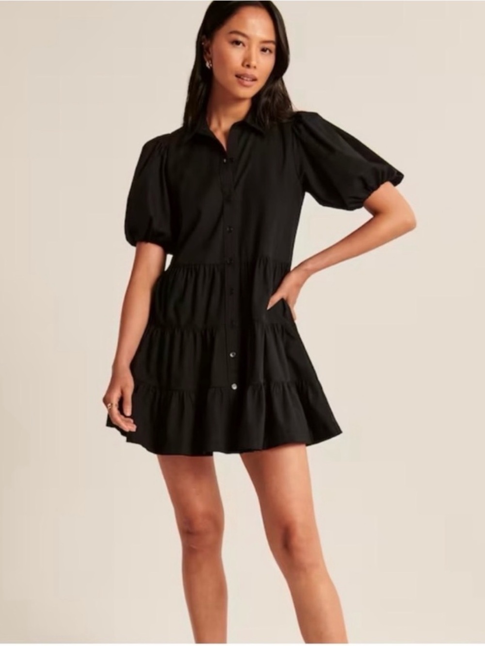 Abercrombie & Fitch Black Puff-Sleeve Tiered Button-Front Mini Dress